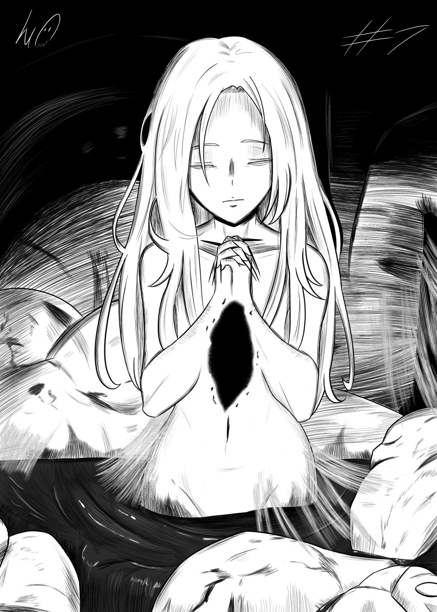 1girl absurdres arthropod_girl closed_eyes closed_mouth collarbone commentary dark_souls_(series) dark_souls_i english_commentary greyscale highres humanity_(dark_souls) insect_girl long_hair lughost monochrome navel nude own_hands_clasped own_hands_together quelaag&#039;s_sister silk solo spider_girl spider_web