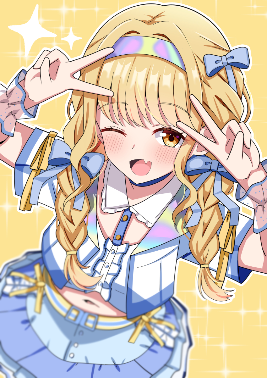 1girl absurdres blonde_hair blue_ribbon blue_skirt blush braid double_v fang from_above fujita_kotone gakuen_idolmaster hair_ribbon hairband highres hosinonana idolmaster low_twin_braids midriff multicolored_hairband navel one_eye_closed open_mouth ribbon skin_fang skirt smile solo twin_braids v yellow_background yellow_eyes