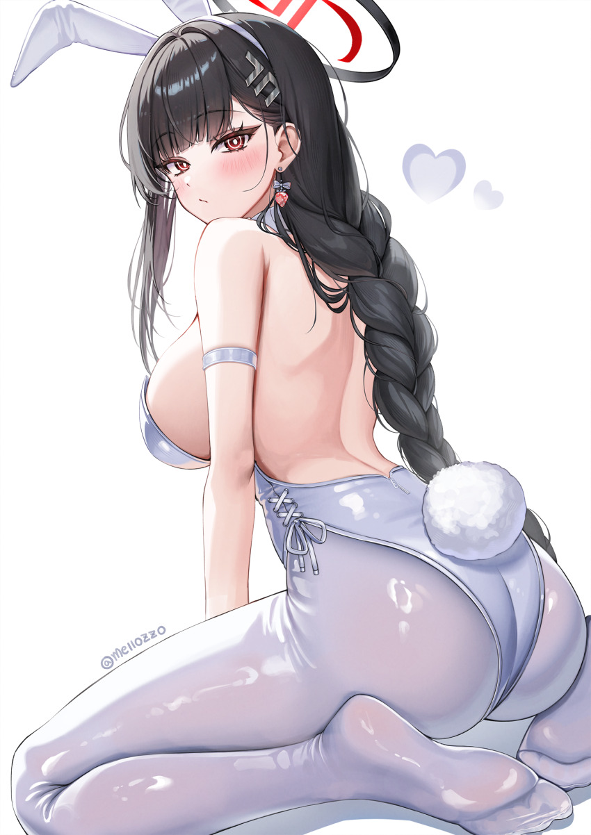 1girl alternate_costume alternate_hairstyle animal_ears ass ass_focus black_hair blue_archive breasts detached_collar fake_animal_ears halo id_card large_breasts leotard long_hair looking_at_viewer mellozzo navel playboy_bunny rio_(blue_archive) simple_background sitting solo white_background