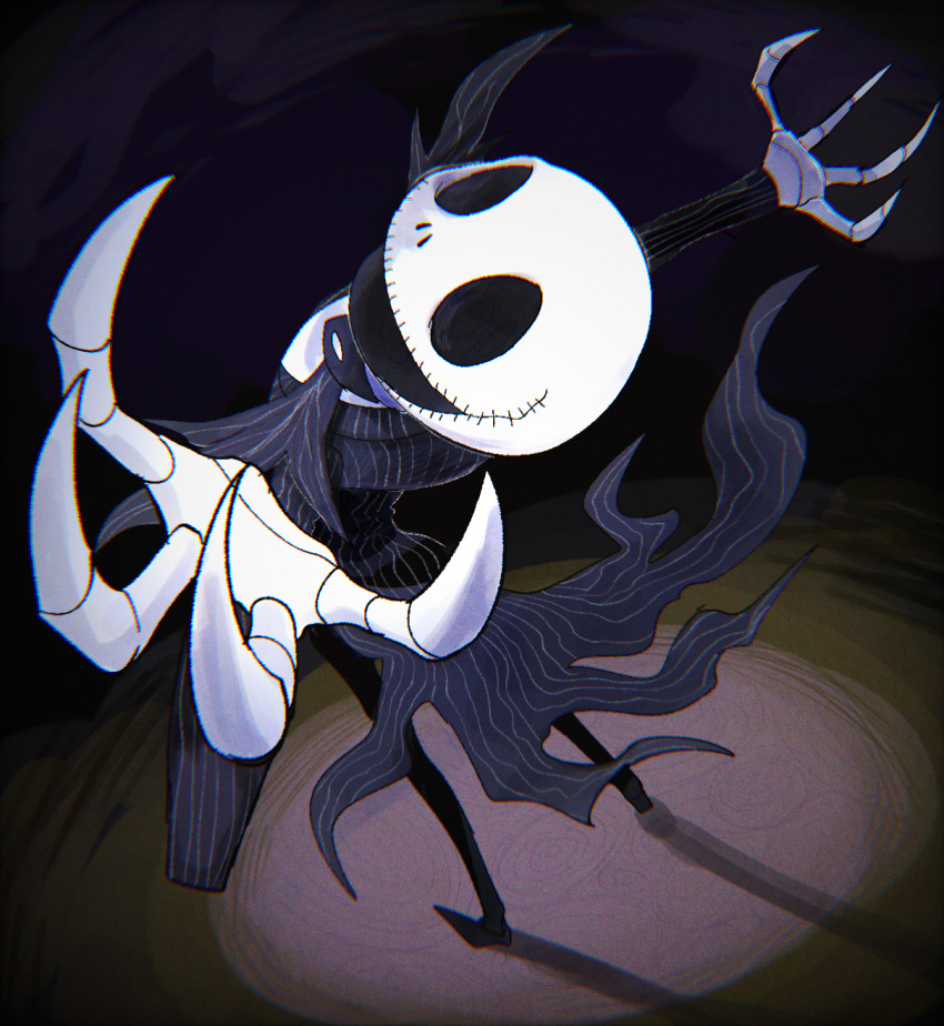 1boy animification highres hoshi_(star-name2000) jack_skellington jacket long_sleeves looking_at_viewer male_focus open_mouth patchwork_skin pinstripe_pattern pinstripe_vest simple_background skeleton smile solo striped_clothes striped_vest the_nightmare_before_christmas vertical-striped_clothes vertical-striped_vest vest