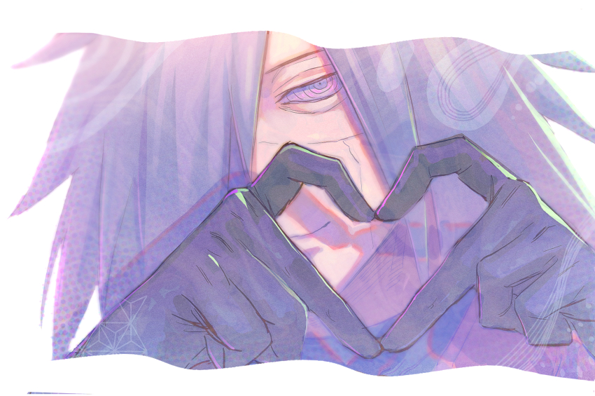 1boy four-finger_heart_hands black_gloves black_hair cracked_skin edo_tensei gloves gurekoguriko heart heart_hands highres long_hair male_focus naruto_(series) naruto_shippuuden portrait purple_eyes ringed_eyes rinnegan smile solo uchiha_madara