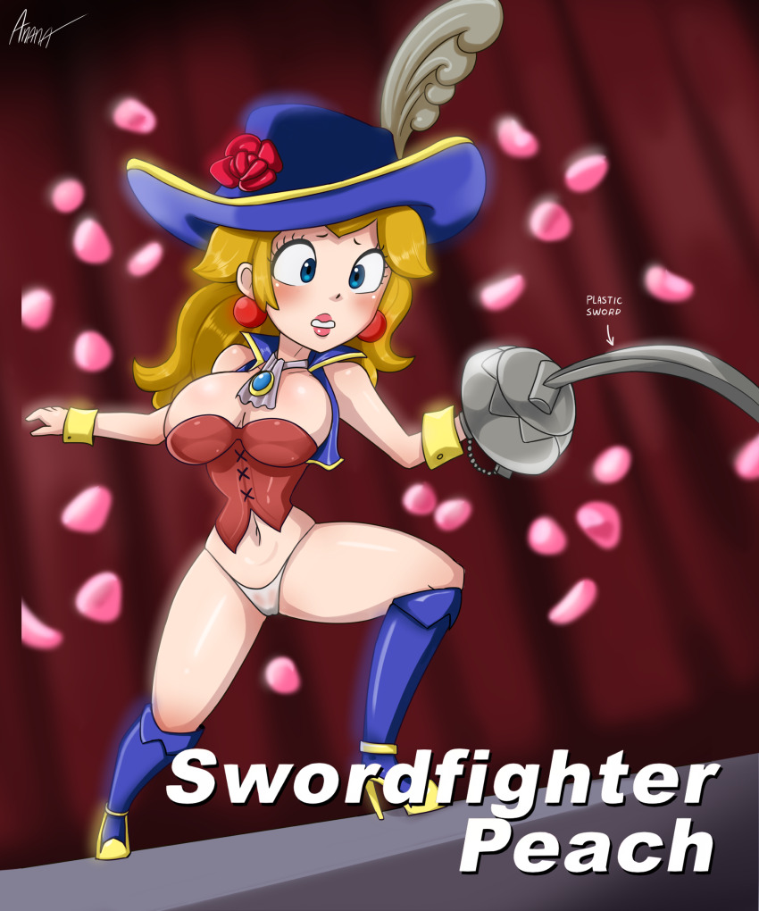 1girl ananakawaii blonde_hair blue_eyes blush boots breasts cleavage earrings embarrassed eyelashes hat high_heel_boots high_heels highres jewelry legs lips lipstick makeup mario_(series) nintendo panties pink_lips princess_peach princess_peach:_showtime! self-upload sword swordfighter_peach underwear weapon white_panties