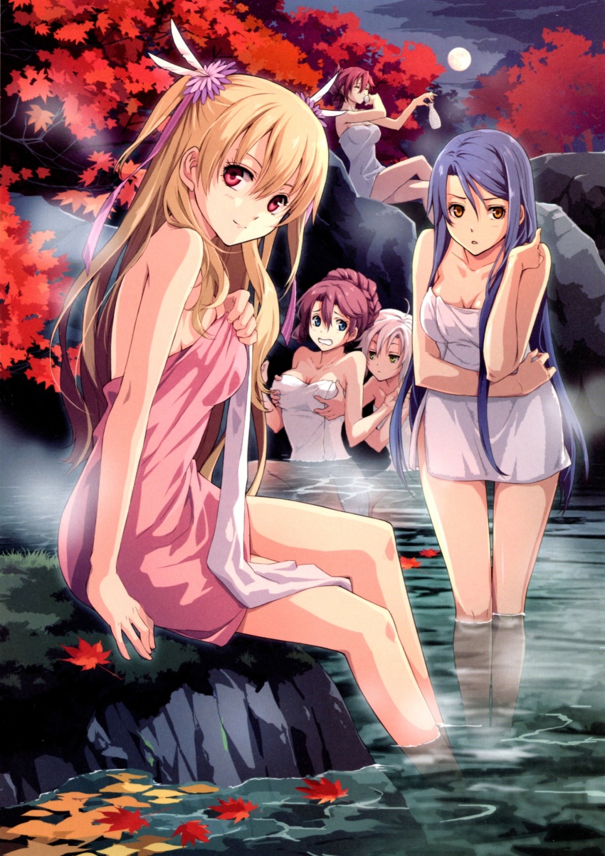 5girls absurdres alisa_reinford bath bathing blonde_hair blue_eyes blue_hair blush bottle braid breasts cleavage clenched_teeth cliff closed_eyes collarbone crown_braid cup drinking eiyuu_densetsu emma_millstein enami_katsumi eyelashes falcom female_focus fie_claussell fog grabbing_another&#039;s_breast green_eyes grey_hair groping hair_between_eyes hair_ornament highres large_breasts laura_s._arseid leaf legs long_hair long_legs looking_at_another looking_at_viewer molestation moon moonlight multiple_girls night night_sky official_art onsen orange_eyes outdoors partially_submerged pink_eyes purple_hair rock sara_valestein sen_no_kiseki_(series) sen_no_kiseki_i sexual_harassment shiny_skin short_hair sitting sky standing teeth towel tree two_side_up water yuri