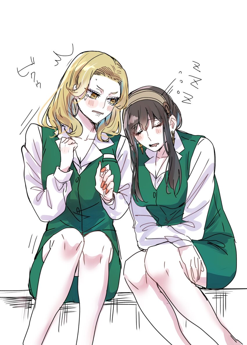 2girls black_hair blonde_hair blush breasts camilla_(spy_x_family) closed_eyes collared_shirt earrings formal_clothes green_vest hair_ornament hairband head_on_another&#039;s_shoulder highres jewelry leaning_on_person leaning_to_the_side long_hair long_sleeves medium_breasts multiple_girls office_lady pencil_skirt shirt side-by-side sidelocks sitting skirt skirt_suit sleeping sleeping_on_person sleeping_upright spy_x_family suit umini_ikukara uniform vest white_shirt yor_briar yuri zzz