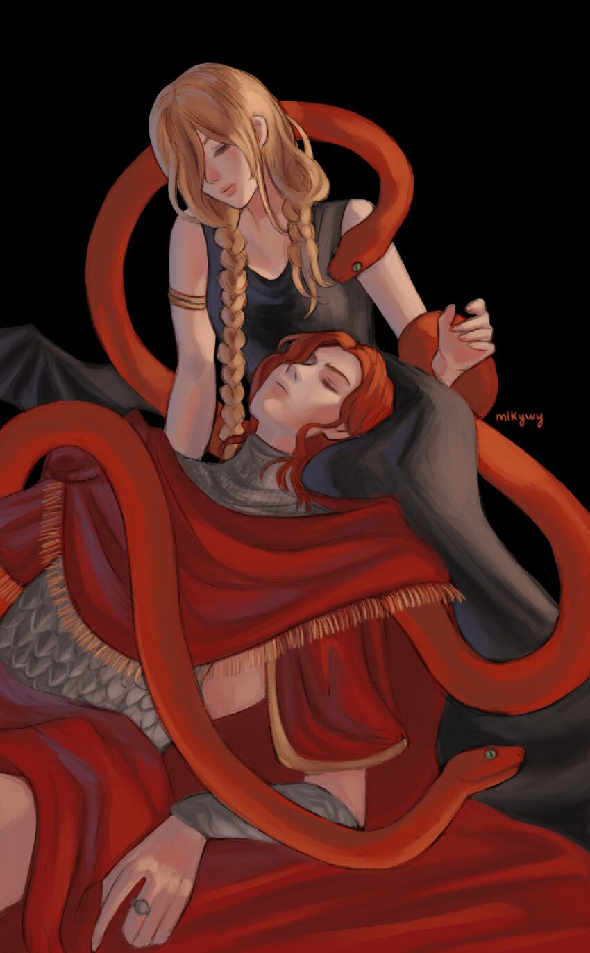 1boy 1girl armlet armor blonde_hair bracer braid capelet closed_eyes elden_ring fringe-trimmed_capelet fringe_trim gold_armlet highres jewelry lamellar_armor lap_pillow long_braid long_hair lying messmer_the_impaler mother_and_son multiple_braids queen_marika_the_eternal red_capelet red_hair red_snake ring silver_ring sitting snake snake_wrapped_around_body wymlky