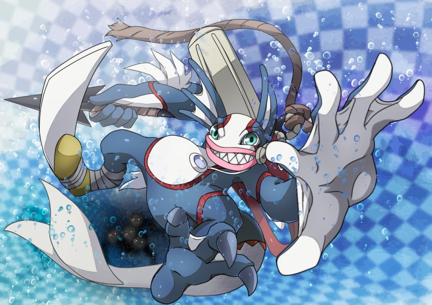 air_bubble blue_background blue_eyes bubble digimon digimon_(creature) fins hangyomon head_fins holding_harpoon parted_lips roy_payne sharp_teeth solo teeth underwater