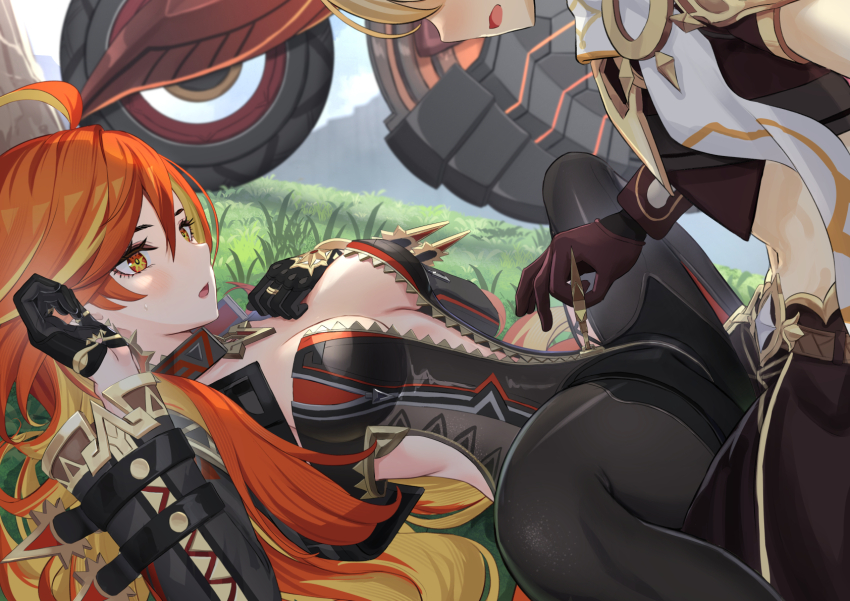 1boy 1girl aether_(genshin_impact) biker_clothes bikesuit black_bodysuit black_gloves black_jacket blonde_hair blush bodysuit breasts brown_gloves brown_shirt cropped_jacket crotch_zipper earrings flamestrider_(genshin_impact) genshin_impact gloves highres jacket jewelry long_hair lying mavuika_(genshin_impact) medium_breasts multicolored_hair on_back on_grass open_mouth orange_hair orange_pupils red_eyes red_hair scarf shirt spread_legs strapless_bodysuit sun_earrings tsuseki two-tone_hair unzipping white_scarf