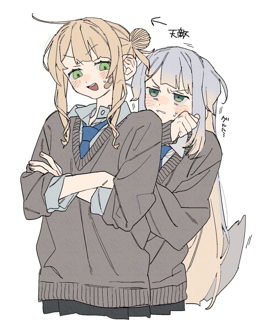 2girls crossed_arms dayama green_eyes hair_bun hiding hiding_behind_another highres kaburaki_roco multiple_girls nijisanji shioriha_ruri tail upper_body virtual_youtuber white_background