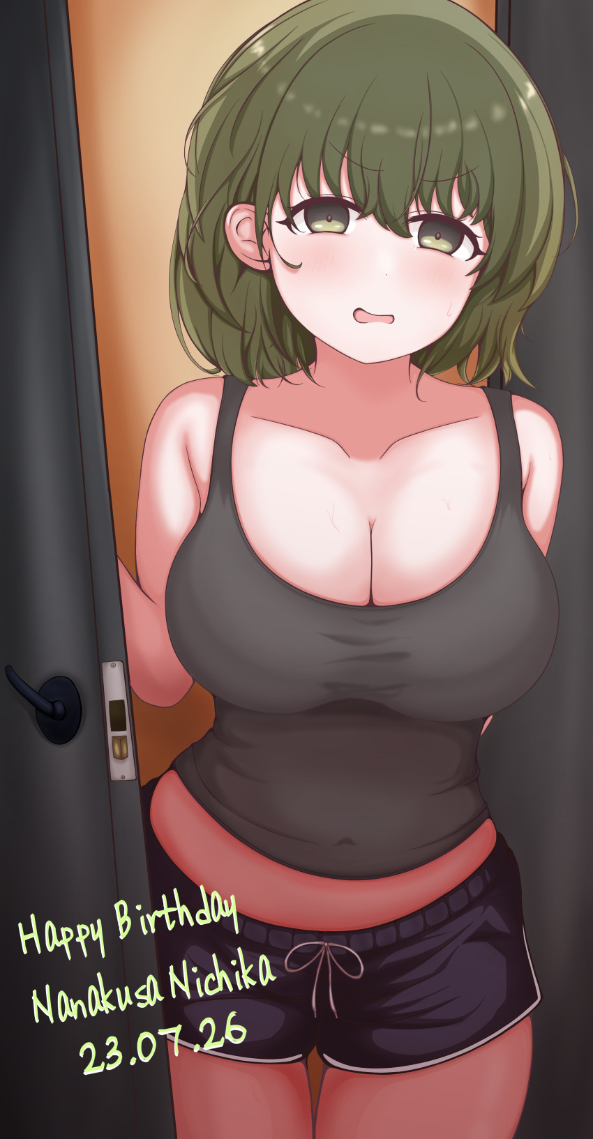 1girl absurdres arm_behind_back black_camisole black_shorts blush breasts camisole character_name cleavage collarbone crop_top dated dolphin_shorts door gbr20210907 green_eyes green_hair happy_birthday highres idolmaster idolmaster_shiny_colors large_breasts looking_at_viewer midriff nanakusa_nichika short_hair short_shorts shorts solo