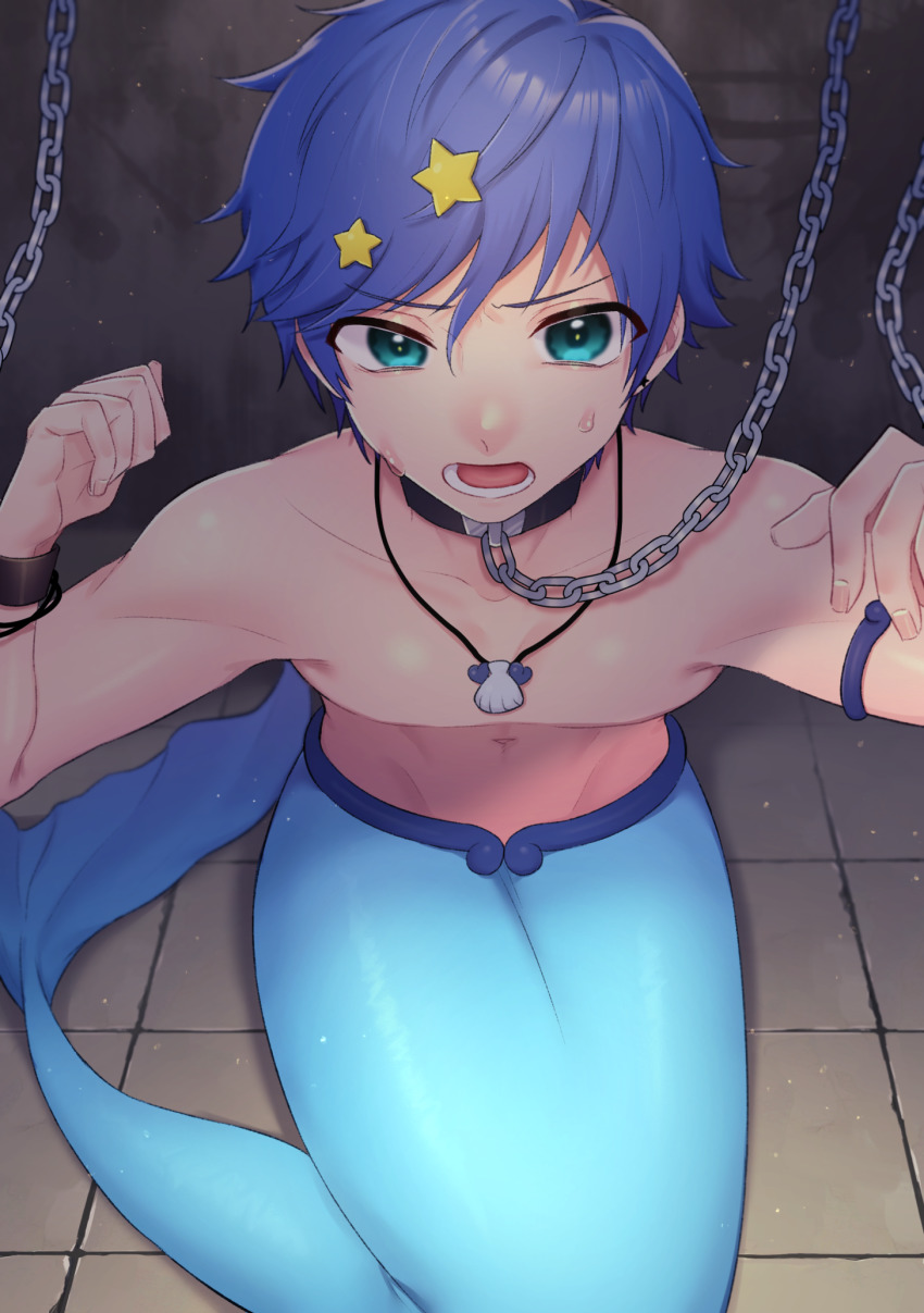 1boy armlet ayuda_ayutaro blue_eyes blue_hair blue_tail bound bound_wrists chain chained collar collarbone commentary_request commission floor genderswap genderswap_(ftm) groin hair_between_eyes hair_ornament highres houshou_hanon houshou_hanon_(mermaid) jewelry looking_at_viewer lower_teeth_only mermaid_melody_pichi_pichi_pitch merman monster_boy monster_girl navel necklace open_mouth restrained shadow shell shell_necklace short_hair sidelocks sitting skeb_commission solo star_(symbol) star_hair_ornament stomach sweat swept_bangs teeth topless_male