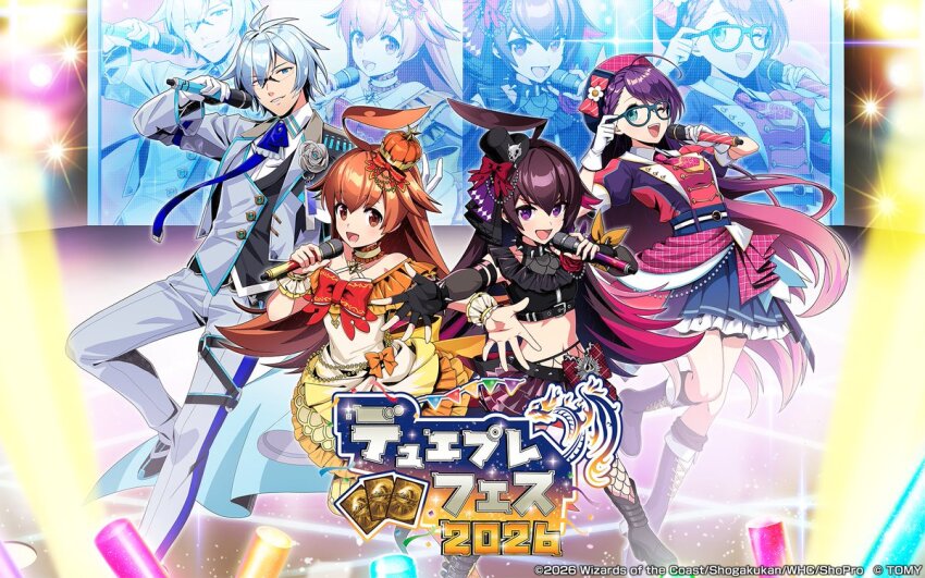 1boy 2026 3girls ahoge aqua_hair artist_request black_boots black_gloves black_vest blue-framed_eyewear blue_eyes boots bow bracelet brown_eyes brown_hair concert copyright_notice crown dapiko_(duel_masters) dress duel_masters duel_masters_play&#039;s fingerless_gloves glasses gloves glowstick grey_pants hat hat_bow holding holding_microphone huge_ahoge idol_clothes jacket jewelry kasumi_(duel_masters) kite_(duel_masters) kokko_rupiko logo long_hair microphone midriff mini_hat mini_top_hat multicolored_dress multicolored_hair multicolored_hat multicolored_jacket multiple_girls navel official_art open_mouth pants pink_hair purple_eyes purple_hair red_bow screen_zoom shirt short_hair spiked_bracelet spikes stage standing standing_on_one_leg top_hat translation_request vest white_gloves white_shirt