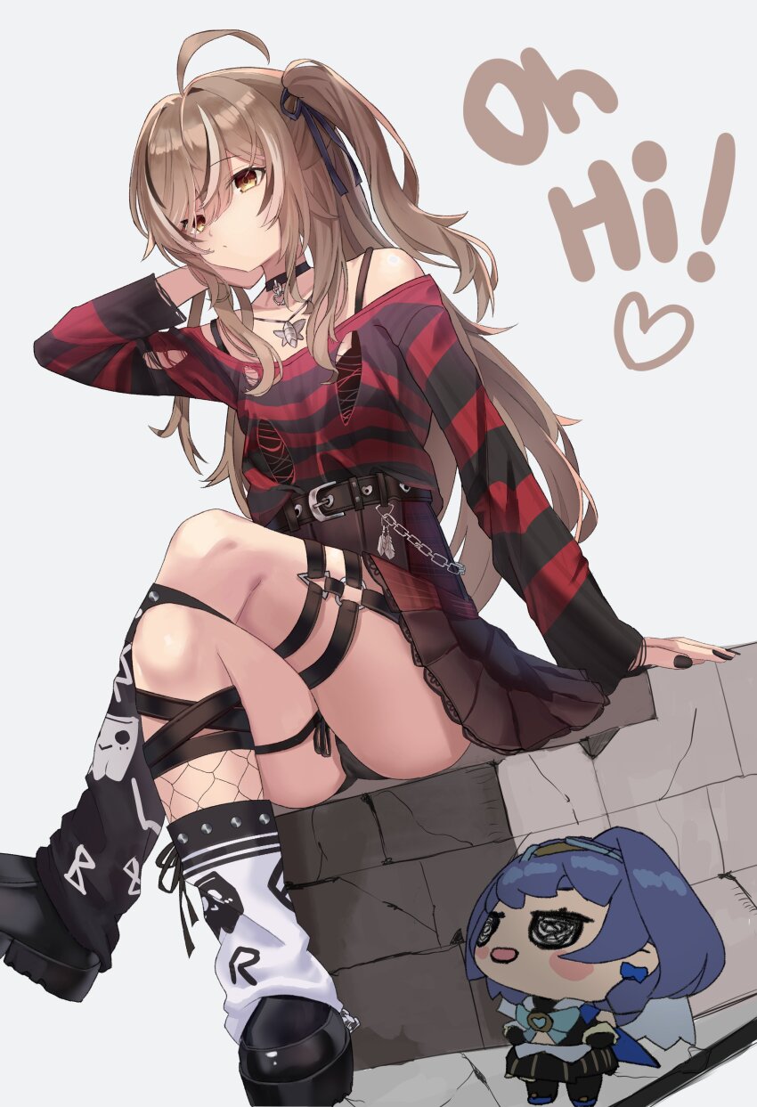 absurdres ahoge arm_behind_head belt belt_chain black_choker black_leg_warmers black_nails black_panties black_sweater blue_hair blue_ribbon brown_eyes brown_hair chain chain_headband choker crossed_legs emo_fashion english_text feathers fishnets friend_(nanashi_mumei) hair_intakes hair_over_one_eye heart heart_choker highres hololive hololive_english huge_ahoge jewelry leg_warmers looking_at_viewer nanashi_mumei nanashi_mumei_(emo) necklace o-ring o-ring_thigh_strap ouro_kronii panties panty_peek pinstripe_pattern platform_footwear red_sweater ribbon robin_chen0419 runes shirt sitting smol_kronii stone_wall striped_clothes striped_sweater sweater sweater_tucked_in thigh_strap torn_clothes torn_sweater two-tone_sweater underwear virtual_youtuber wall white_leg_warmers white_shirt