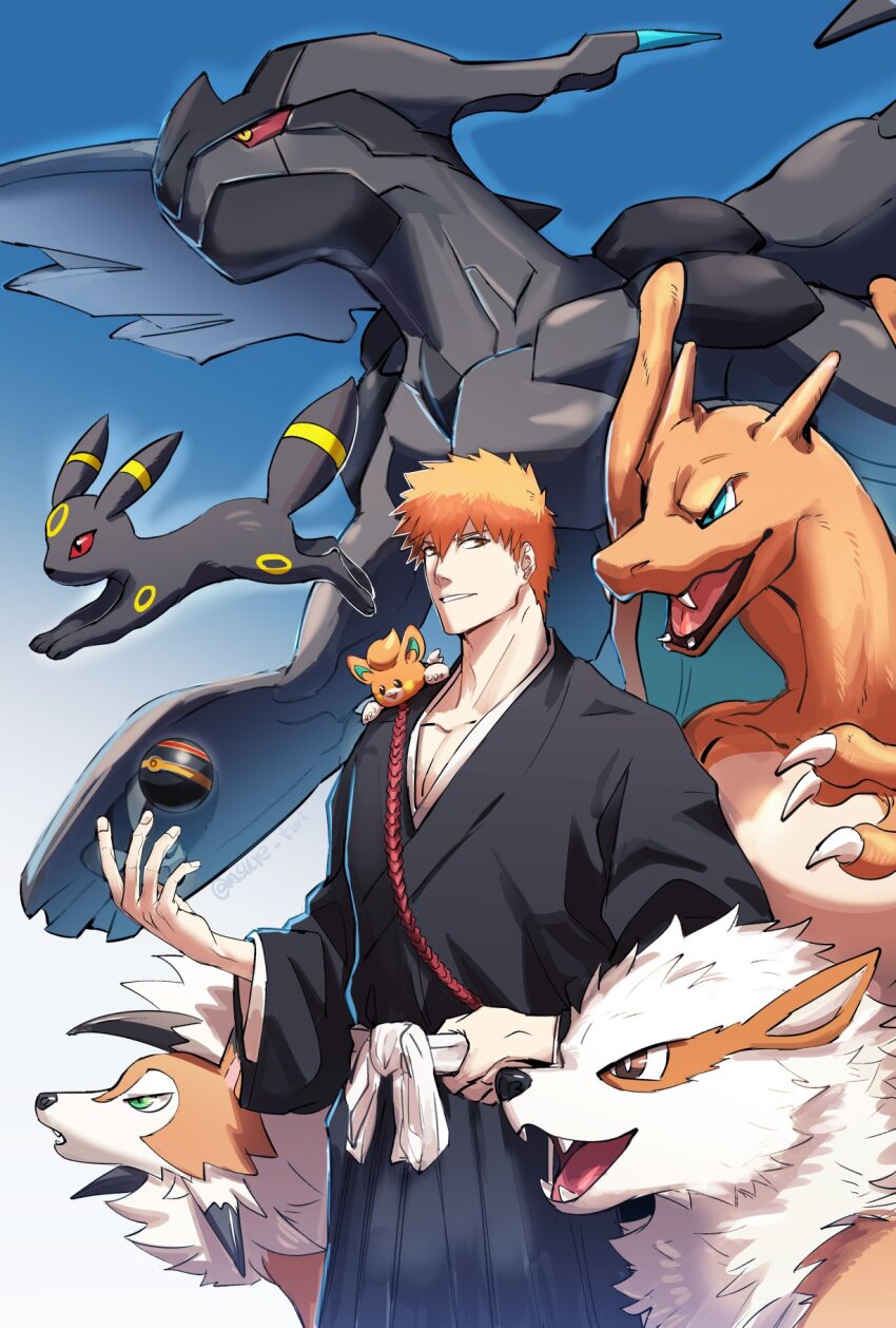1boy animal animal_on_shoulder arcanine asure_(asure_twi) bleach blue_eyes brown_eyes charizard claws collarbone colored_sclera crossover dragon dragon_horns dragon_wings fangs gen_1_pokemon gen_2_pokemon gen_5_pokemon gen_7_pokemon gradient_background green_eyes hand_on_belt highres horns kurosaki_ichigo legendary_pokemon looking_at_animal luxury_ball lycanroc lycanroc_(dusk) nintendo obi open_mouth orange_hair pawmi poke_ball pokemon pokemon_(creature) red_sclera sash shihakusho size_difference smile spiked_hair tail umbreon white_sash wide_sleeves wings yellow_eyes zekrom