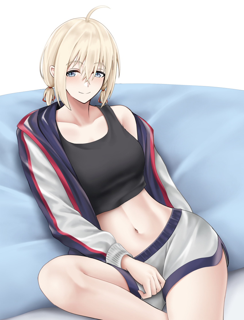 1girl absurdres ahoge azur_lane banba_(jakqbigone) bataan_(azur_lane) black_tank_top blonde_hair blue_eyes crop_top grey_shorts highres jacket looking_at_viewer midriff navel open_clothes open_jacket short_hair short_shorts shorts single_bare_shoulder sitting smile solo stomach tank_top thighs white_background
