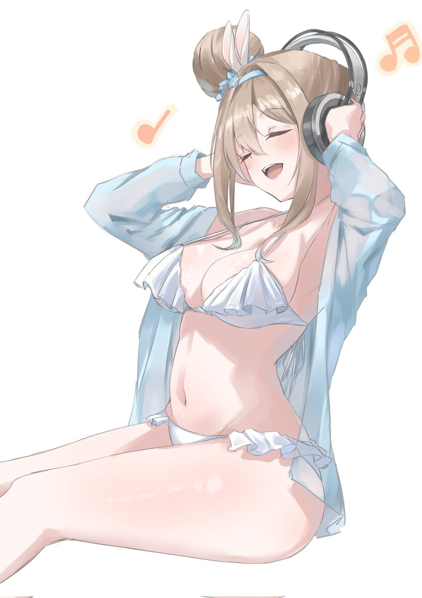 1girl bikini blonde_hair blue_hairband blue_jacket breasts cleavage closed_eyes commentary_request cowboy_shot frilled_bikini frills girls&#039;_frontline hair_bun hairband headphones highres holding holding_headphones jacket medium_breasts musical_note navel official_alternate_costume open_mouth sidelocks simple_background single_hair_bun smile solo stomach suomi_(girls&#039;_frontline) suomi_(midsummer_pixie)_(girls&#039;_frontline) swimsuit teeth upper_teeth_only wano117_wa white_background white_bikini