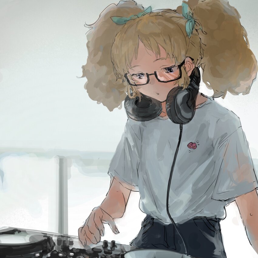 1girl absurdres aikatsu! aikatsu!_(series) bad_id bad_twitter_id black-framed_eyewear blonde_hair blue_eyes bow commentary dj glasses hair_bow headphones headphones_around_neck highres inactive_account long_hair looking_down phonograph saegusa_kii semi-rimless_eyewear shirt short_sleeves solo suiso_(owp) t-shirt turntable twintails upper_body white_shirt