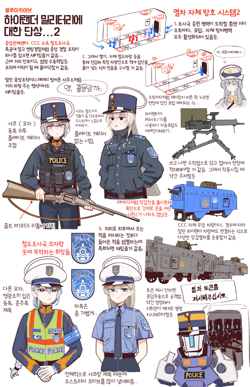 5girls absurdres armored_train blue_archive colt_1855_revolving_rifle commentary_request female_service_cap gloves grey_hair gulyas gun halo hat highlander_railway_academy_student_(hg)_(blue_archive) highlander_railway_academy_student_(mg)_(blue_archive) highlander_railway_academy_student_(sg)_(blue_archive) highres holding holding_gun holding_weapon information_sheet korean_text machine_gun maxim_gun multiple_girls patch police police_hat police_uniform policewoman robot shoulder_patch train_interior translation_request weapon