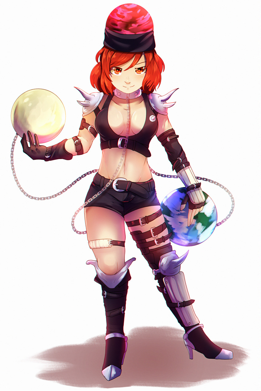 absurdres armor asymmetrical_legwear breasts brown_gloves closed_mouth cosplay dungeon_toaster fingerless_gloves full_body globe gloves hecate_(persona_5) hecate_(persona_5)_(cosplay) hecatia_lapislazuli high_heels highres holding light_smile looking_at_viewer medium_breasts name_connection red_eyes red_hair shin_megami_tensei shin_megami_tensei_i short_hair shoulder_armor simple_background standing touhou trait_connection white_background