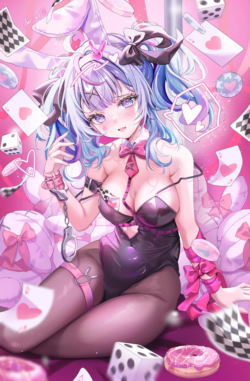 1girl absurdres ace_(playing_card) ace_of_hearts ahoge animal_ears arm_belt belt black_belt black_bow black_leotard blue_eyes blue_hair blush bow breasts card cleavage clothing_cutout collar cuffs detached_collar dice donut fake_animal_ears food hair_ornament hairband handcuffs hatsune_miku heart heart-shaped_pupils heart_cutout highres isari_sensei large_breasts leotard medium_breasts necktie o-ring o-ring_thigh_strap open_mouth pantyhose pink_bow pink_necktie pink_ribbon playboy_bunny playing_card poker_chip purple_hair rabbit_ears rabbit_hair_ornament rabbit_hole_(vocaloid) ribbon signature solo spoken_heart strap_slip stuffed_animal stuffed_rabbit stuffed_toy symbol-shaped_pupils teeth thigh_strap upper_teeth_only vocaloid white_collar white_hairband wrist_ribbon x_hair_ornament