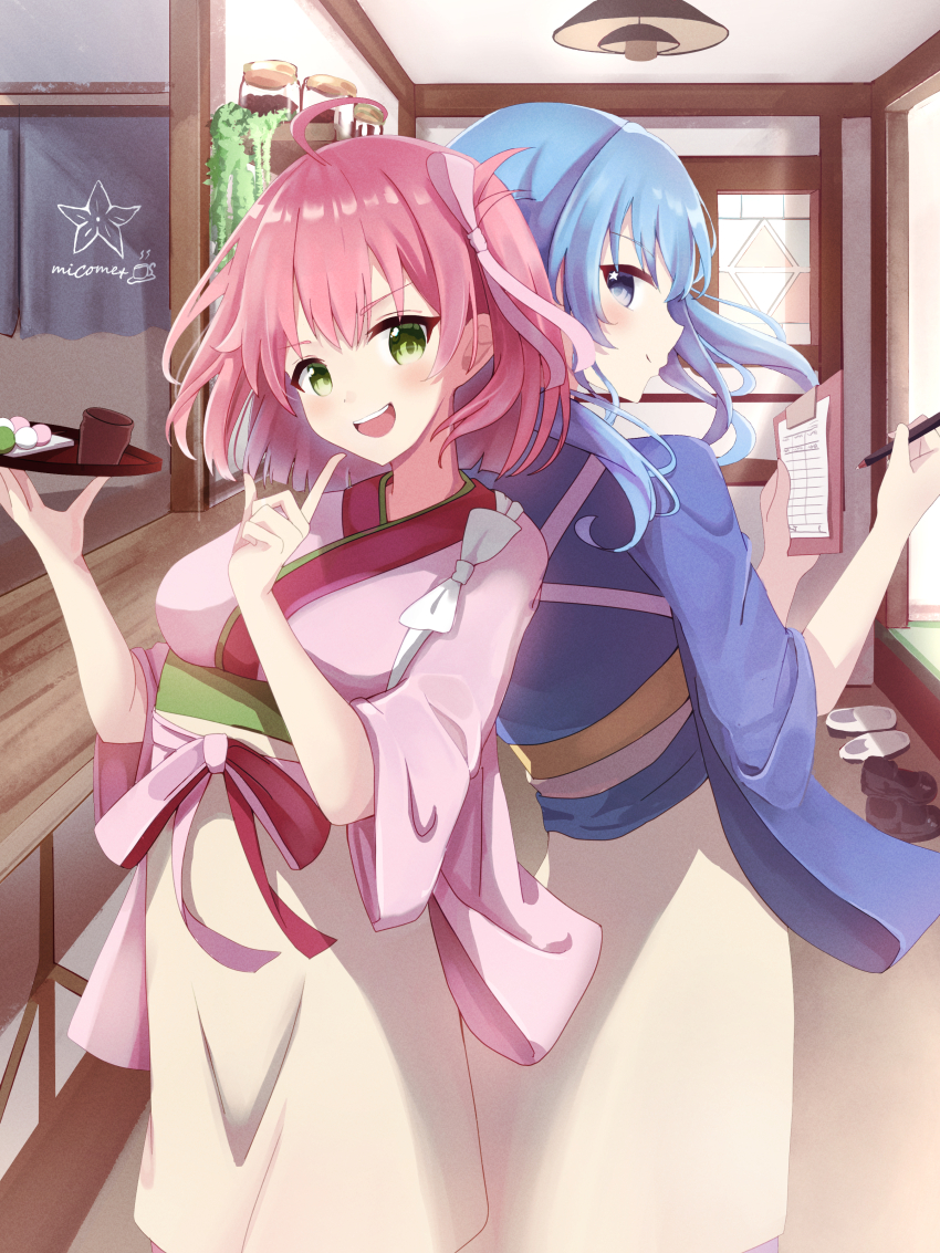 2girls absurdres ahoge alternate_costume apron back-to-back blue_eyes blue_hair blue_kimono blush breasts clipboard food green_eyes highres holding holding_clipboard holding_food holding_menu holding_pen holding_tray hololive hoshimachi_suisei index_finger_raised indoors japanese_clothes kimono looking_at_viewer medium_breasts medium_hair menu mochi multiple_girls obi pen pink_hair pink_kimono sakura_miko sash smile star_(symbol) star_in_eye surume_mode symbol_in_eye teeth tray upper_teeth_only virtual_youtuber waitress