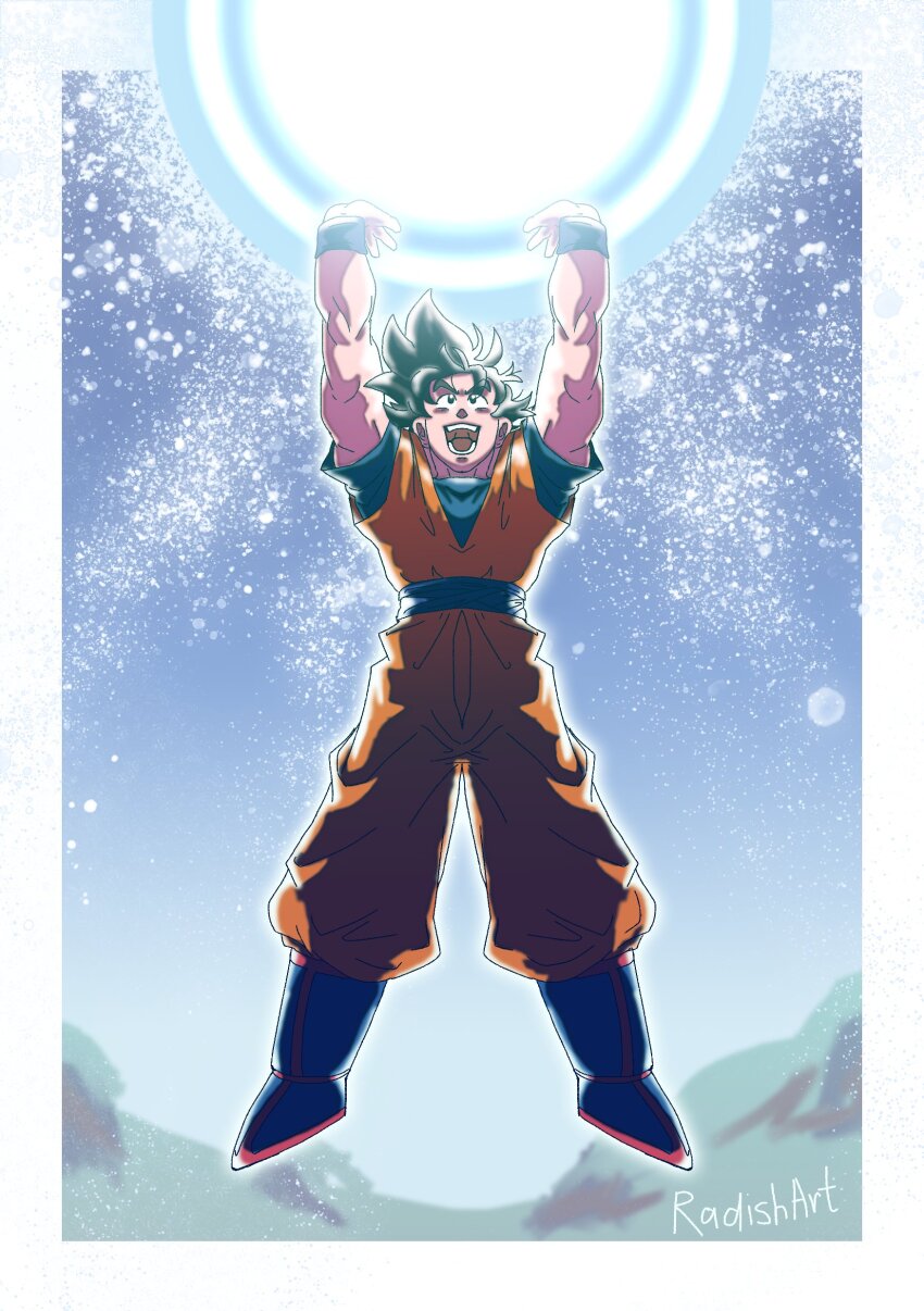 1boy absurdres arms_up black_eyes black_hair blue_boots boots commentary dougi dragon_ball dragonball_z energy_ball english_commentary full_body genki_dama highres male_focus muscular muscular_male open_mouth radishart signature smile solo son_goku wristband