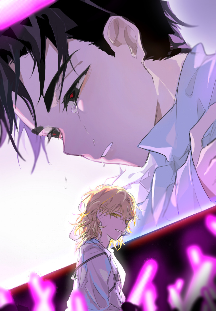 2boys alien_stage black_eyes black_hair blonde_hair chinese_commentary commentary_request crying crying_with_eyes_open glowstick headset highres ivan_(alien_stage) lightstick long_sleeves looking_at_viewer looking_down luka_(alien_stage) male_focus medium_hair multiple_boys parted_lips partial_commentary penlight_(glowstick) red_pupils screen shirt short_hair tears very_short_hair white_shirt yellow_eyes youyouyoujuan_(wanruolang)
