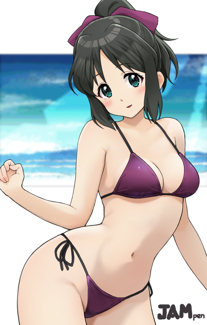 1girl aqua_eyes bare_arms bikini black_hair blue_sky blurry blurry_background blush breasts cleavage commentary_request cow hair_ribbon highres jampen kohinata_miku looking_at_viewer medium_breasts navel ocean open_mouth parted_bangs purple_bikini ribbon senki_zesshou_symphogear side-tie_bikini_bottom sidelocks sky smile solo standing swimsuit white_background