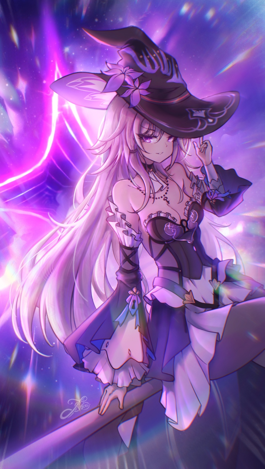 1girl absurdres ascot bare_shoulders black_choker black_hat breasts choker cleavage detached_sleeves dress flower hand_up hat hat_flower herta_(honkai:_star_rail) highres honkai:_star_rail honkai_(series) long_hair long_sleeves looking_at_viewer lustercool pantyhose purple_eyes purple_flower purple_hair small_breasts solo strapless strapless_dress the_herta_(honkai:_star_rail) very_long_hair white_ascot witch_hat