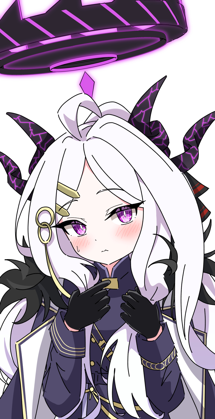 1girl absurdres ahoge black_gloves black_horns blue_archive blush demon_girl demon_horns gloves hair_ornament hairclip halo highres hina_(blue_archive) horns lee0fld long_hair looking_at_viewer multiple_horns parted_bangs purple_eyes simple_background solo very_long_hair white_background white_hair