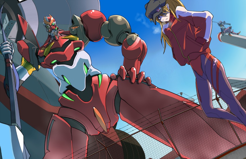 10s 1girl animal_hat blue_eyes breath cat_hat double_blade eva_02 eva_08 evangelion:_3.0_you_can_(not)_redo eyepatch gomi_kushige green_eyes hand_on_own_hip hands_in_pockets hat highres jacket long_hair mecha mecha_pilot_suit neon_genesis_evangelion orange_hair plugsuit_(evangelion) rebuild_of_evangelion robot souryuu_asuka_langley sword track_jacket weapon