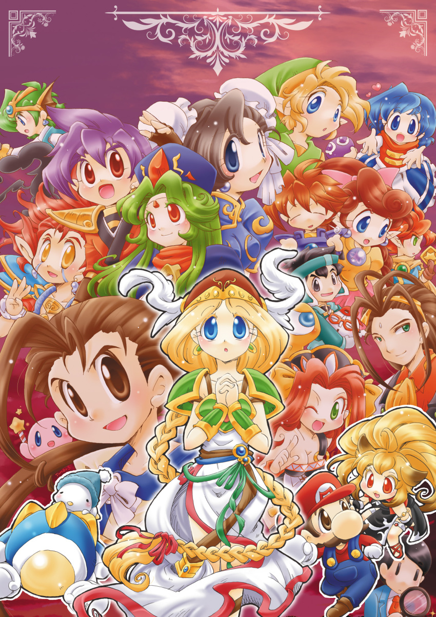 animal_ears benjamin_(ffmq) black_hair blue_eyes bow braid breasts brown_eyes brown_footwear brown_hair bun_cover capcom character_request chun-li cleavage commentary_request copyright_request cube_(live_a_live) double_bun dragon_quest dragon_quest_iv fei_fong_wong final_fantasy final_fantasy_mystic_quest fingerless_gloves game_&amp;_watch gloves green_eyes green_hair hair_bow hair_bun hair_ribbon hero_(dq4) highres holding holding_magnifying_glass instrument kirby kirby_(series) link lip_(panel_de_pon) live_a_live magnifying_glass mario mario_(series) mr._game_&amp;_watch multiple_boys multiple_girls namco_x_capcom necktie nintendo ocarina one_eye_closed open_mouth orange_hair overalls panel_de_pon pink_bow project_x_zone purple_hair puyo_(puyopuyo) puyopuyo red_eyes red_hair red_necktie red_ribbon ribbon saga saga_2 shirokiya_tanbo smile street_fighter super_robot_wars super_robot_wars_og_saga_mugen_no_frontier teacher_(saga_2) the_legend_of_zelda twinbee twinbee_(character) unlimited_saga valkyrie_(vnd) valkyrie_no_densetsu ventus_(unlimited_saga) xenogears xiaomu