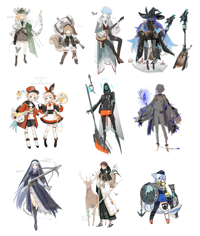 4boys 6+girls animal_ears bard bird black_footwear black_hat blonde_hair bow_(weapon) brown_hair cape chipmunk_ears chipmunk_girl chipmunk_tail crossbow cuffs deer habit hammer hat highres holding holding_bow_(weapon) holding_megaphone holding_weapon hood hood_up instrument knee_pads lute_(instrument) mechanical_broom megaphone mouse_ears multiple_boys multiple_girls nun original over_shoulder puffy_sleeves red_hat shackles shark_girl sharp_teeth short_hair side_slit socks striped_clothes striped_socks teeth weapon white_bag white_footwear witch_hat xing_(gloryxing) yellow_eyes