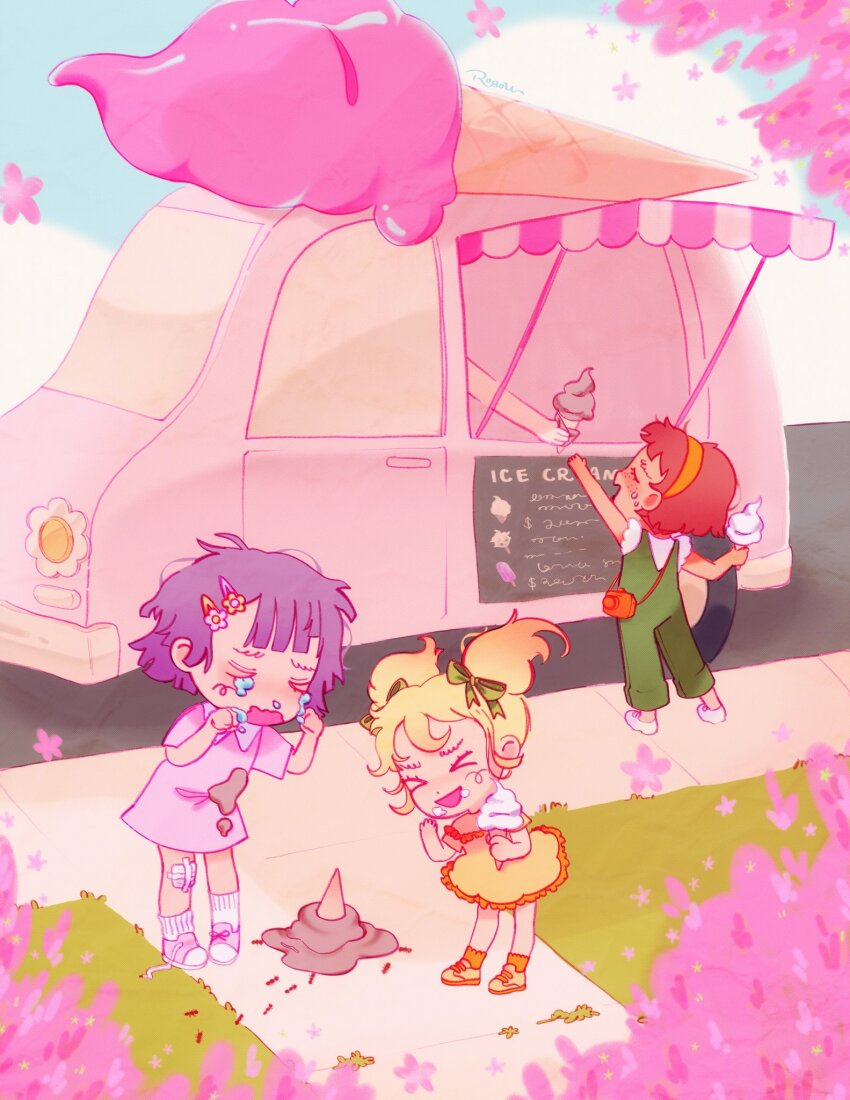&gt;_&lt; 1other 3girls aged_down ant bandage_on_knee blonde_hair blue_sky blush bow bug camera child closed_eyes cloud collared_dress commentary crying danganronpa_(series) danganronpa_2:_goodbye_despair day dress english_commentary english_text eyelashes flower food food_on_clothes food_on_face food_truck freckles full_body grass green_bow green_overalls hair_bow hair_ornament hairband hairclip highres holding holding_ice_cream_cone ice_cream ice_cream_cone ice_cream_cone_spill ice_cream_on_face insect laughing menu_board messy_hair multiple_girls open_mouth orange_hairband orange_socks outdoors overalls pink_dress pink_flower pink_shoes popsicle purple_hair r0bou reaching red_hair road saionji_hiyoko shirt shoelaces shoes short_dress short_hair short_sleeves short_twintails sidewalk signature sky smile socks soft_serve standing street sweat tears tsumiki_mikan twintails untied_shoelaces very_short_hair wavy_mouth white_shirt white_shoes white_socks yellow_dress yellow_shoes