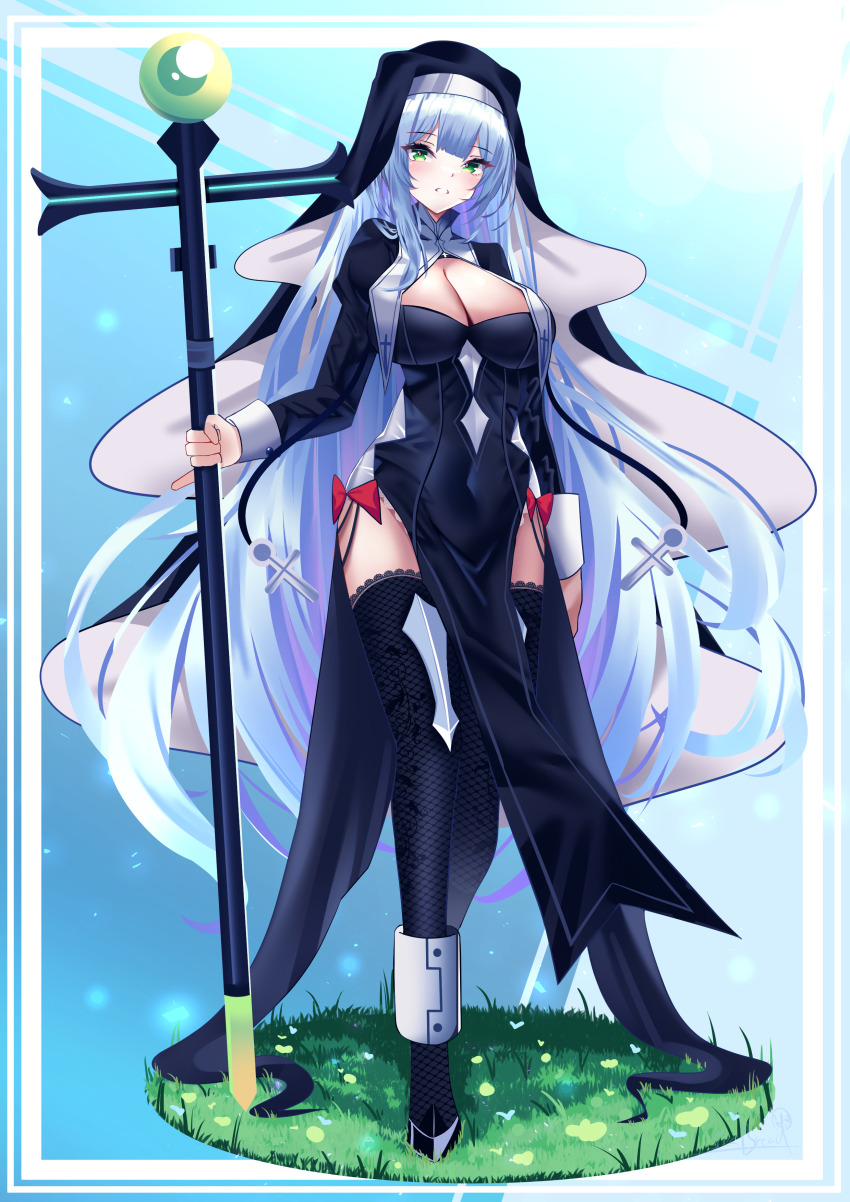 1girl absurdres blue_hair breasts cleavage cleavage_cutout clothing_cutout covered_navel green_eyes highres holding holding_staff large_breasts nun original pelvic_curtain seabread staff tagme