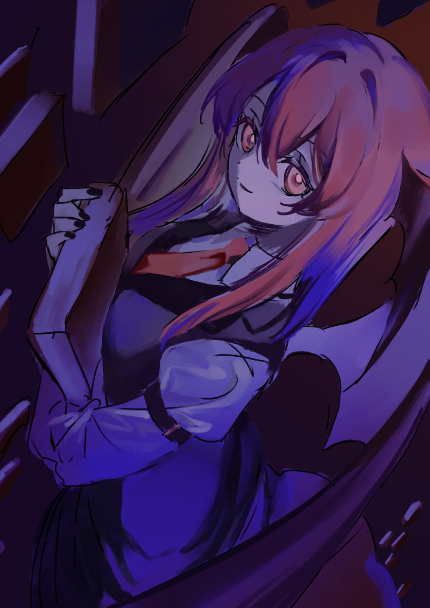 1girl ama_asagi black_dress book closed_mouth collared_shirt commentary demon_wings dress fingernails from_above from_side hair_between_eyes head_wings highres holding holding_book juliet_sleeves koakuma long_hair long_sleeves looking_at_viewer looking_to_the_side looking_up necktie one-hour_drawing_challenge puffy_sleeves red_eyes red_hair red_necktie shirt sidelocks smile solo touhou upper_body white_shirt wings