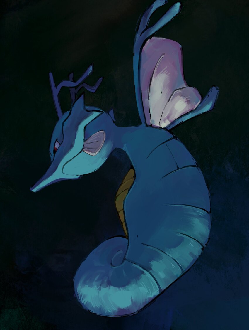 back_fin bishamon_(usagi_ba) blue_skin colored_skin commentary_request curled_tail fins fish from_side full_body gen_2_pokemon head_fins highres horns kingdra looking_ahead nintendo pokemon pokemon_(creature) red_eyes seahorse underwater