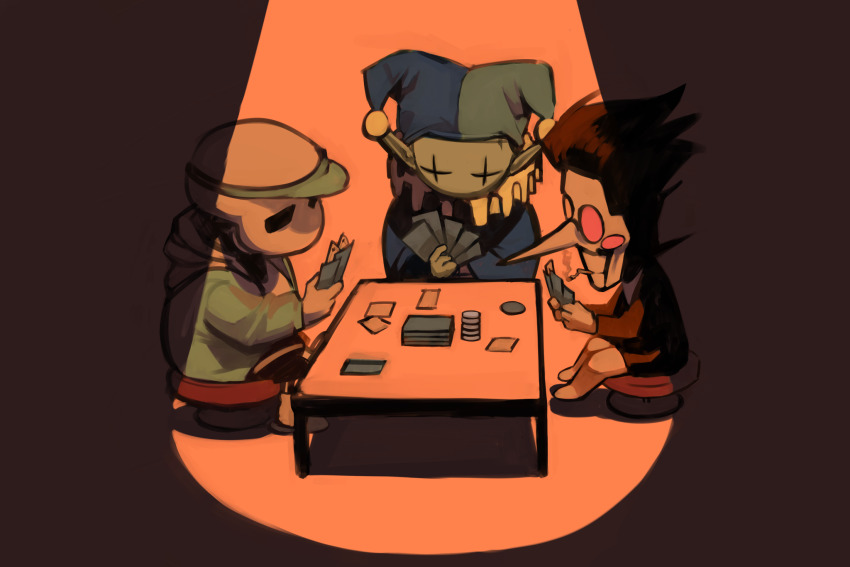 +_+ 3boys black_hair black_shirt black_shorts blue_jacket card chair cigarette commentary deltarune english_commentary hat heterochromatic_eyewear highres holding holding_card jacket jester_cap jevil minominoks multiple_boys neck_ruff on_chair pants playing_card pointy_ears pointy_nose sans_(undertale) shirt shorts sitting skeleton smoke smoke_trail smoking spamton_g._spamton spotlight table teeth tinted_eyewear white_pants