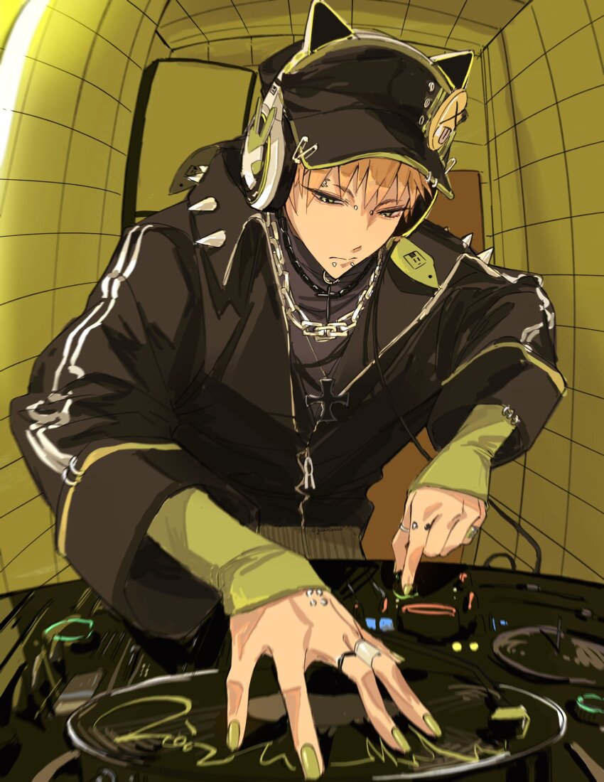 1boy animal_ear_headphones animal_ears black_hat black_jacket black_shirt blonde_hair cat_ear_headphones chain chain_necklace closed_mouth commentary_request cross cross_necklace dj dramatical_murder eyebrow_piercing face_piercing fake_animal_ears green_eyes green_nails guansenice hair_between_eyes hat headphones highres indoors jacket jewelry lip_piercing long_sleeves male_focus nail_polish necklace noiz_(dramatical_murder) phonograph piercing ring safety_pin shirt sleeves_past_wrists solo spiked_jacket spikes tile_wall tiles turntable vinyl_record