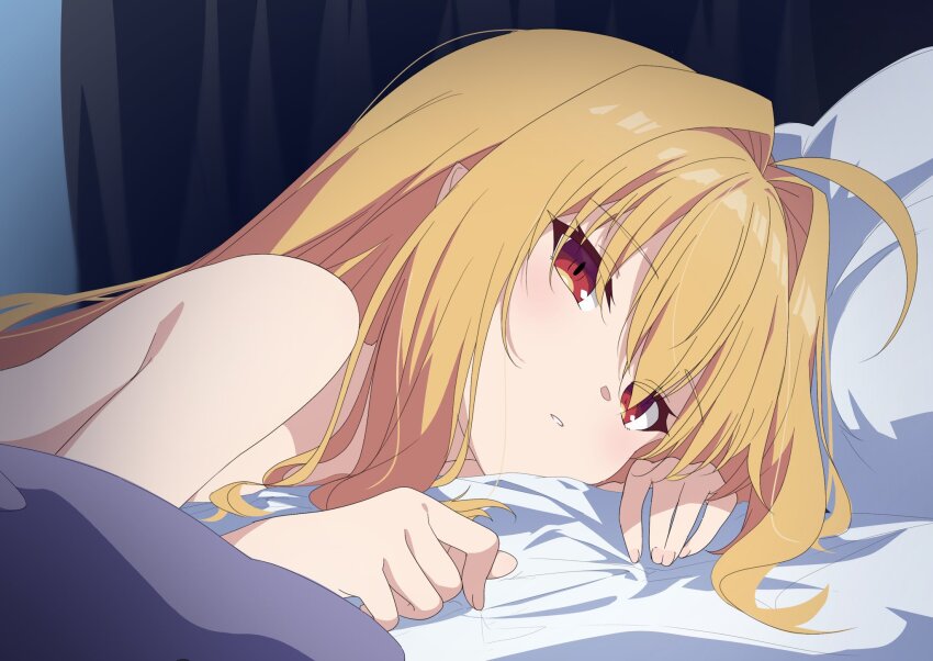 1girl ahoge bed bed_sheet blonde_hair commentary hair_spread_out highres hikikomari_kyuuketsuki_no_monmon indoors long_hair lying nude on_stomach parted_lips pillow pointy_ears red_eyes sheet_grab solo suwakana terakomari_gandezblood
