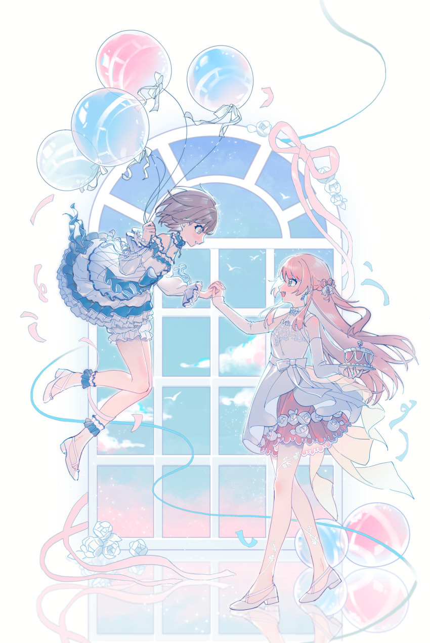 2girls absurdres balloon bang_dream! bang_dream!_it&#039;s_mygo!!!!! blue_choker braid chihaya_anon chinese_commentary choker commentary_request detached_sleeves dress frilled_dress frills grey_eyes grey_hair half_up_braid highres holding_hands interlocked_fingers long_hair multiple_girls open_mouth pink_hair short_hair simoco sleeves_past_wrists takamatsu_tomori white_dress yuri