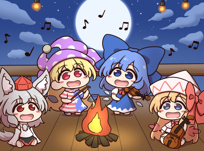 4girls american_flag american_flag_dress american_flag_legwear american_flag_pants american_flag_print american_flag_shirt animal_ears bare_shoulders blonde_hair blue_bow blue_dress blue_eyes blue_hair blush blush_stickers bow bow_(music) check_commentary chibi cirno clownpiece commentary commentary_request detached_wings dress embodiment_of_scarlet_devil fairy fairy_wings fire flag_print full_moon grey_hair hair_bow hat highres ice ice_wings instrument inubashiri_momiji jester_cap legacy_of_lunatic_kingdom lily_white long_hair long_sleeves moon mountain_of_faith multiple_girls music neck_ruff night open_mouth pants perfect_cherry_blossom polka_dot polka_dot_headwear print_pants print_shirt puffy_short_sleeves puffy_sleeves purple_hat red_bow red_eyes red_hat ribbon shirt shitacemayo short_hair short_sleeves skirt star_(sky) star_(symbol) star_print striped_clothes striped_dress striped_pants tail tengu tokin_hat touhou transparent_wings violin white_hair white_hat wings wolf_ears wolf_tail