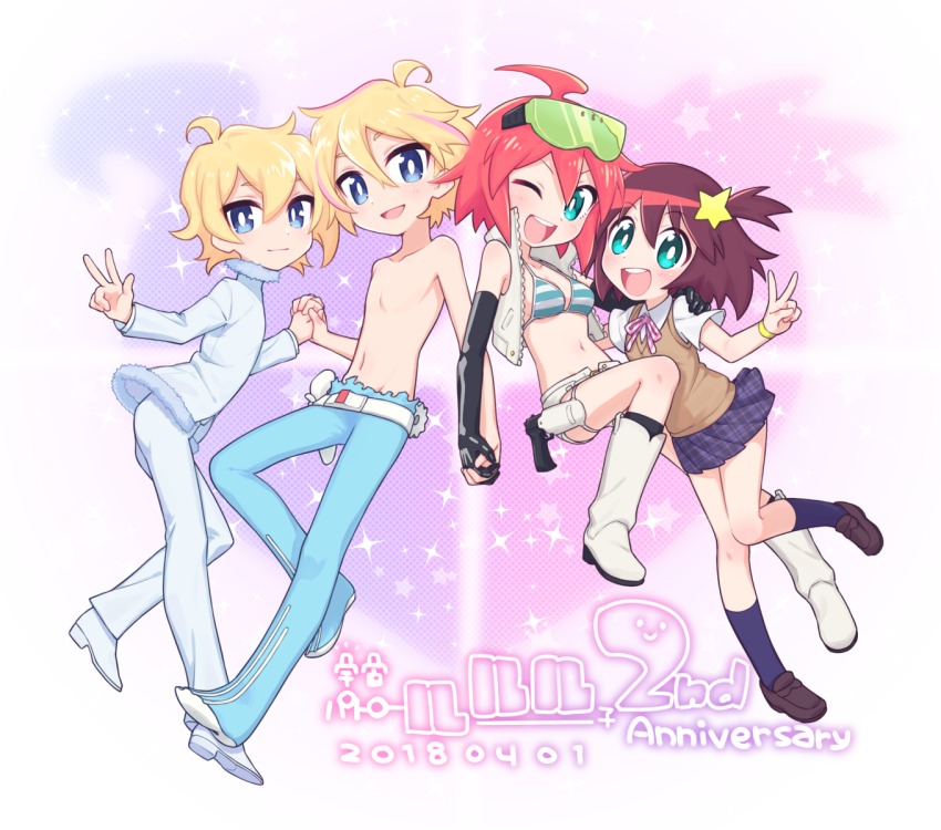 1boy 1girl ahoge alpha_omega_nova anniversary bikini bikini_top_only blonde_hair blue_eyes boots brown_hair copyright_name cropped_jacket dual_persona floating green_eyes holding_hands highres looking_at_viewer luluco mt.somo multicolored_hair no_nipples red_hair school_uniform topless_male short_hair spoilers streaked_hair swimsuit trigger-chan trigger_(company) uchuu_patrol_luluco vest