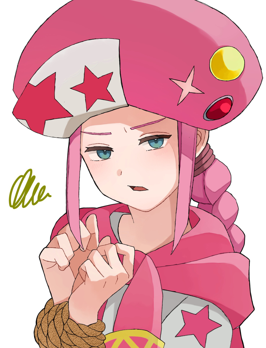 1boy blue_eyes bound bound_wrists braid classicaloid commentary hat highres jacket_around_neck long_hair looking_at_viewer male_focus marimo_(user_mdsc7887) pink_hair pink_hat shirt simple_background solo squiggle symbol-only_commentary unamused white_background white_shirt wolfgang_amadeus_mozart_(classicaloid)