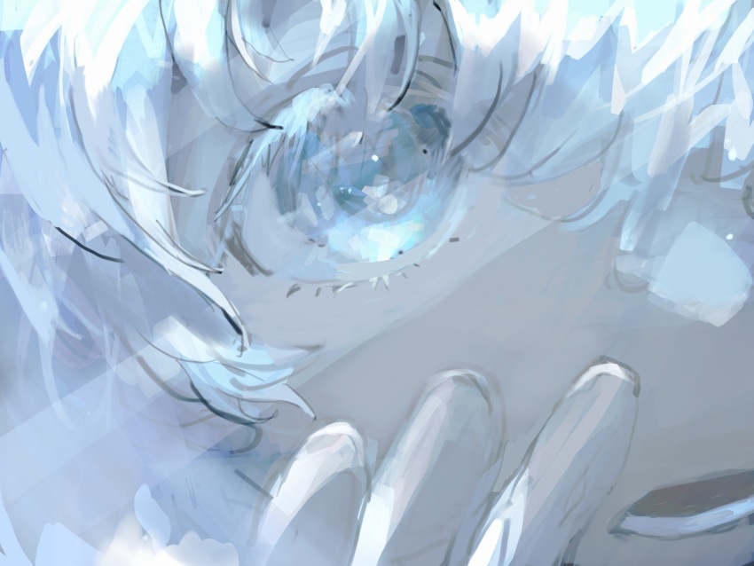 1other androgynous blue_eyes chinese_commentary close-up commentary_request eye_focus highres lower_teeth_only original other_focus solo tagme teeth vihua6 white_hair