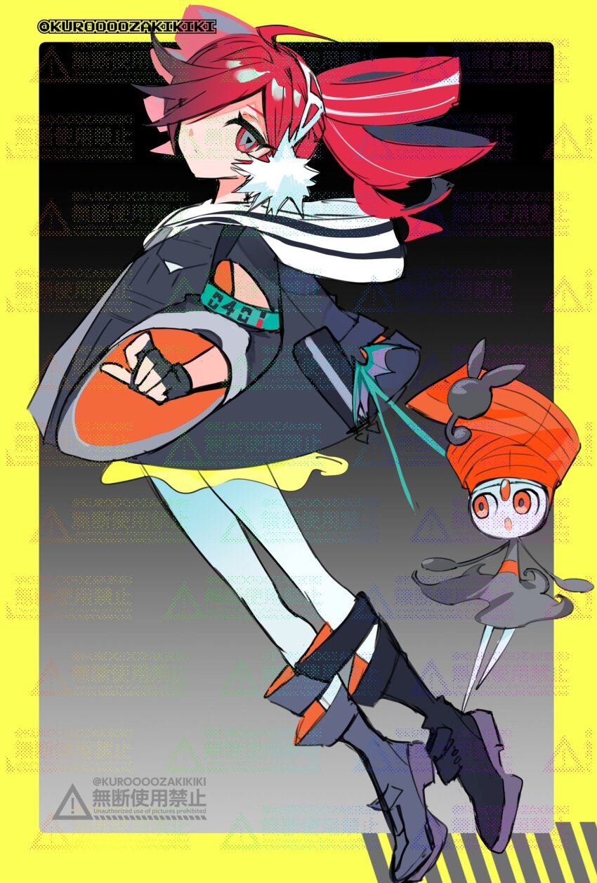gen_5_pokemon highres kasane_teto kuroooozakikiki legendary_pokemon meloetta meloetta_(pirouette) mythical_pokemon nintendo pokemon project_voltage red_hair rival_teto_(project_voltage) utau vocaloid watermark