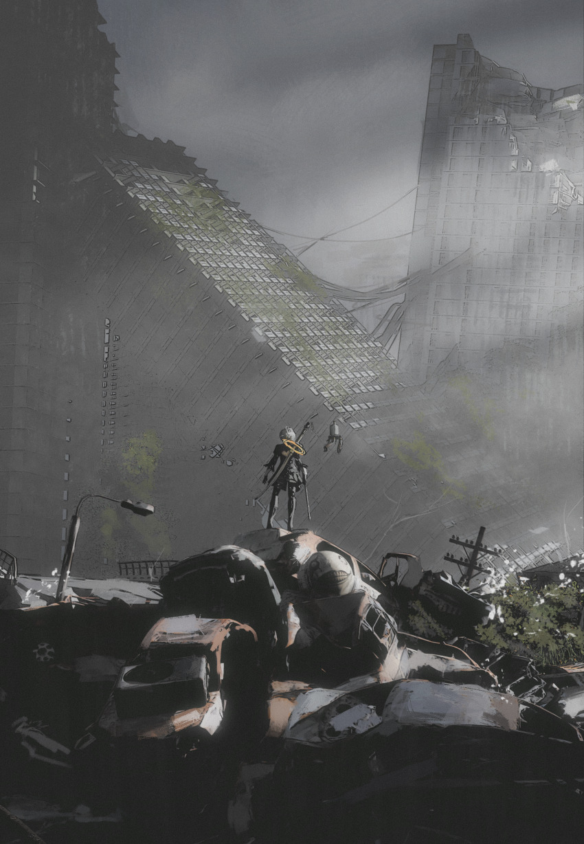 1girl 2b_(nier:automata) absurdres black_dress building car commentary dress emil_(nier) highres holding holding_sword holding_weapon katana motor_vehicle nier:automata nier_(series) pod_(nier:automata) ruins shiej007 solo standing sword weapon white_hair wide_shot