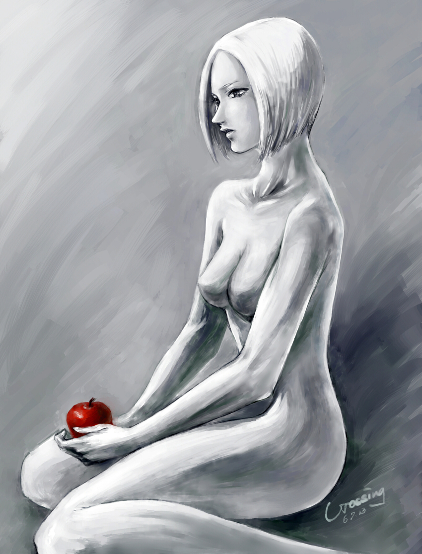 1girl apple claymore_(series) crossing dated female_focus food fruit helen highres nude parted_lips short_hair signature sitting solo spot_color wariza