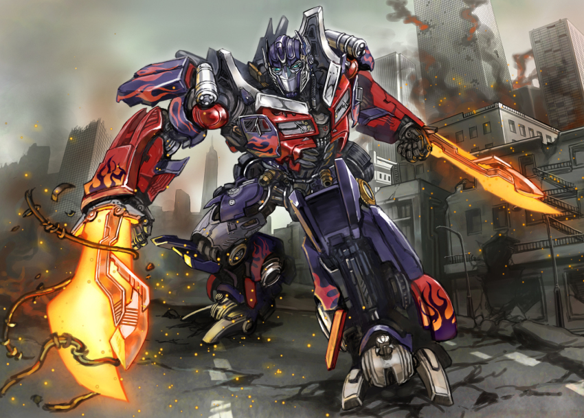 arm_blade autobot bad_id bad_pixiv_id battlefield blue_eyes building city damaged destruction epic faceplate fire glowing glowing_eyes mecha no_humans optimus_prime robot smoke solo touge_(kubiwa_tsuki) transformers transformers_(film) transformers_(live_action) weapon