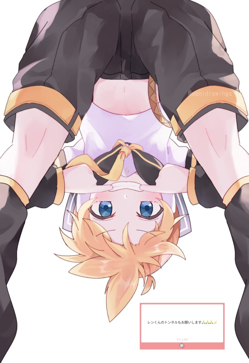 1boy black_arm_warmers black_leg_warmers black_sailor_collar black_shorts blonde_hair blue_eyes bow commentary_request fingers_to_mouth highres kagamine_len leg_warmers legs light_blush looking_at_viewer mani_(manidrawings) midriff navel neckerchief request_inset sailor_collar shirt shorts simple_background solo upside-down vocaloid white_background white_bow white_shirt