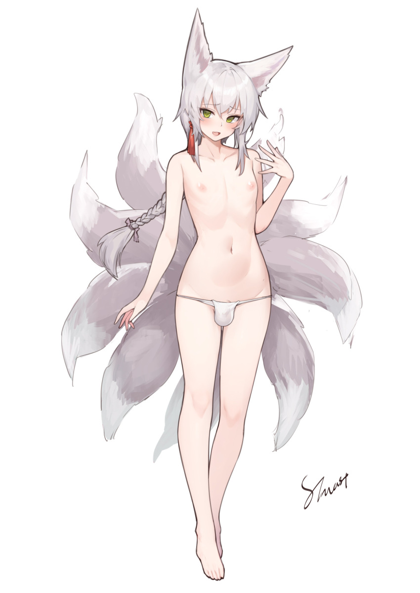 1boy animal_ear_fluff animal_ears blush braid braided_ponytail character_request collarbone copyright_request flat_chest fox_ears fox_tail frown full_body fundoshi green_eyes grey_tail hair_between_eyes hand_up highres japanese_clothes kitsune kyuubi legs_together long_hair looking_at_viewer multiple_tails navel nipples open_mouth signature simple_background solo standing stmast tail tassel topless_male trap two-tone_tail white_background white_hair white_tail